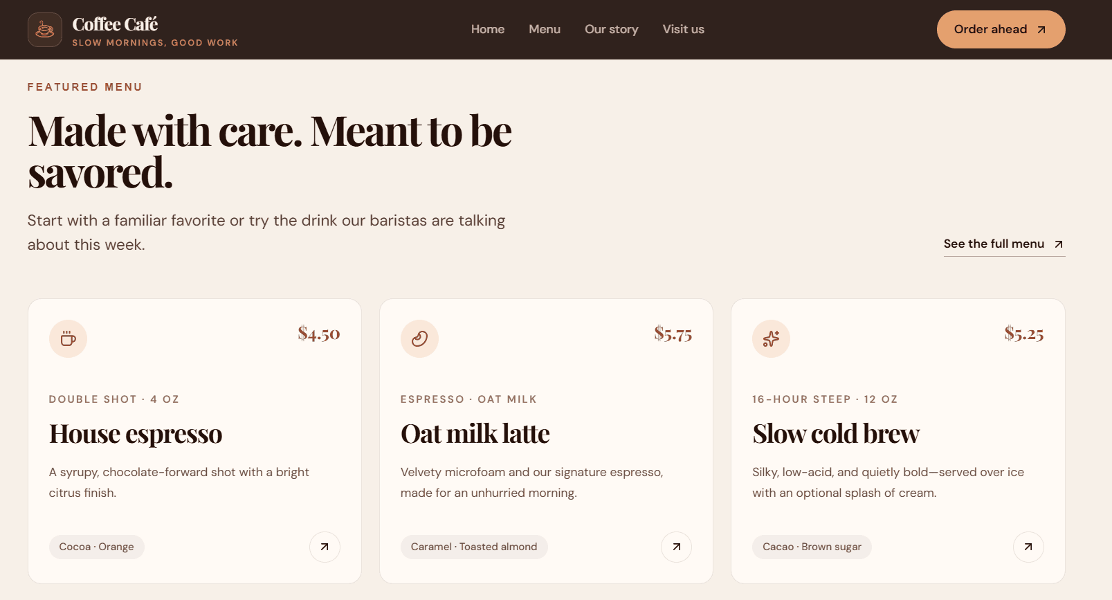 Coffee Café featured menu cards for espresso, latte, and cold brew