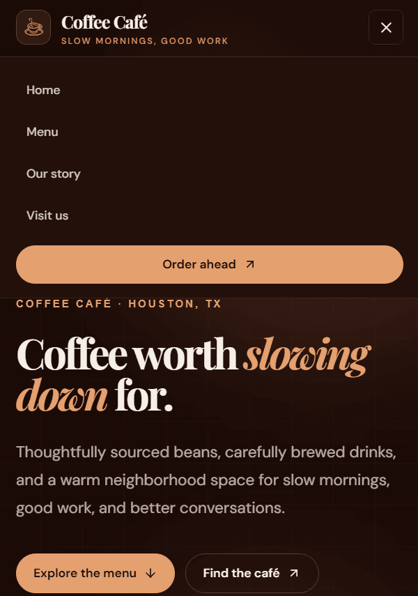 Coffee Café mobile navigation drawer with full-width order ahead button