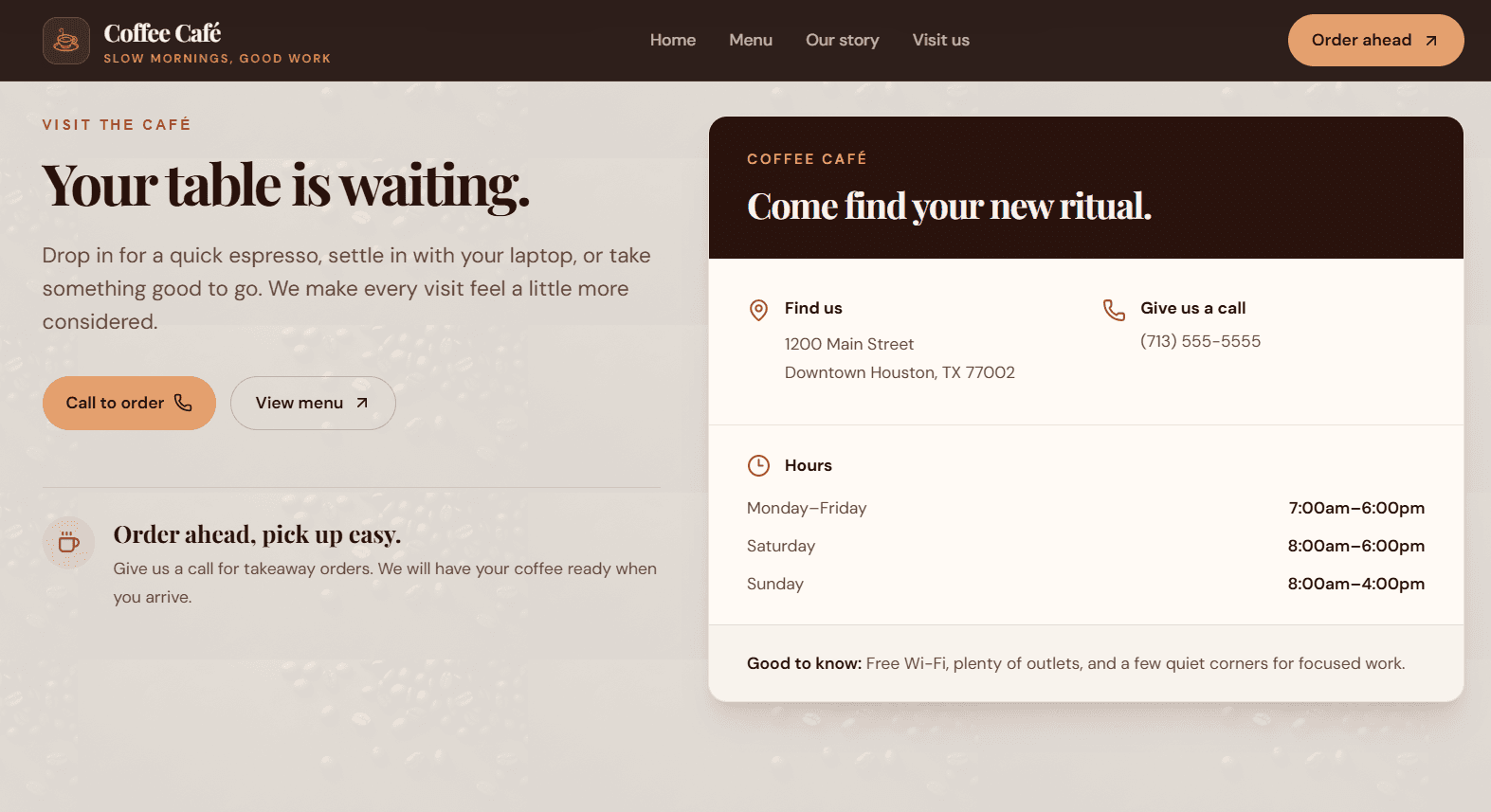 Coffee Café visit section showing location, contact information, and opening hours