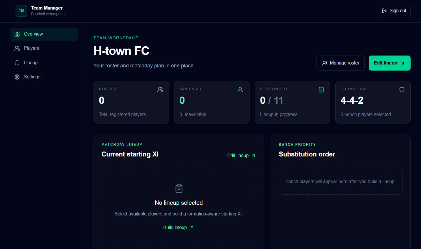 Sports Team Manager dashboard showing roster and lineup overview