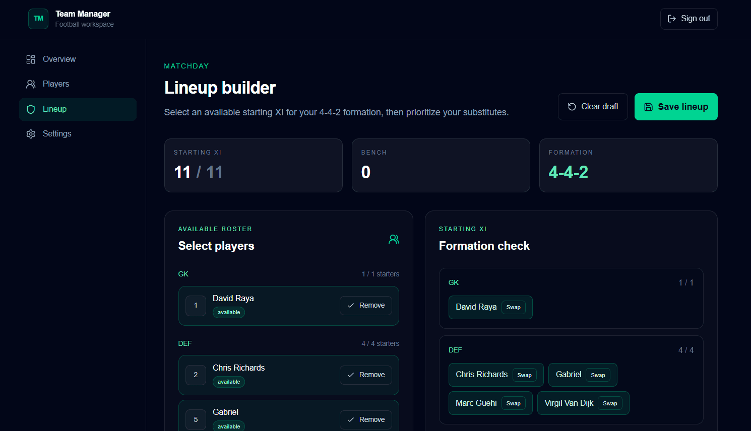 Sports Team Manager lineup builder with formation-aware player selection