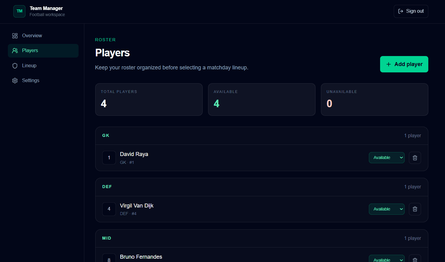 Sports Team Manager player roster with position and availability controls