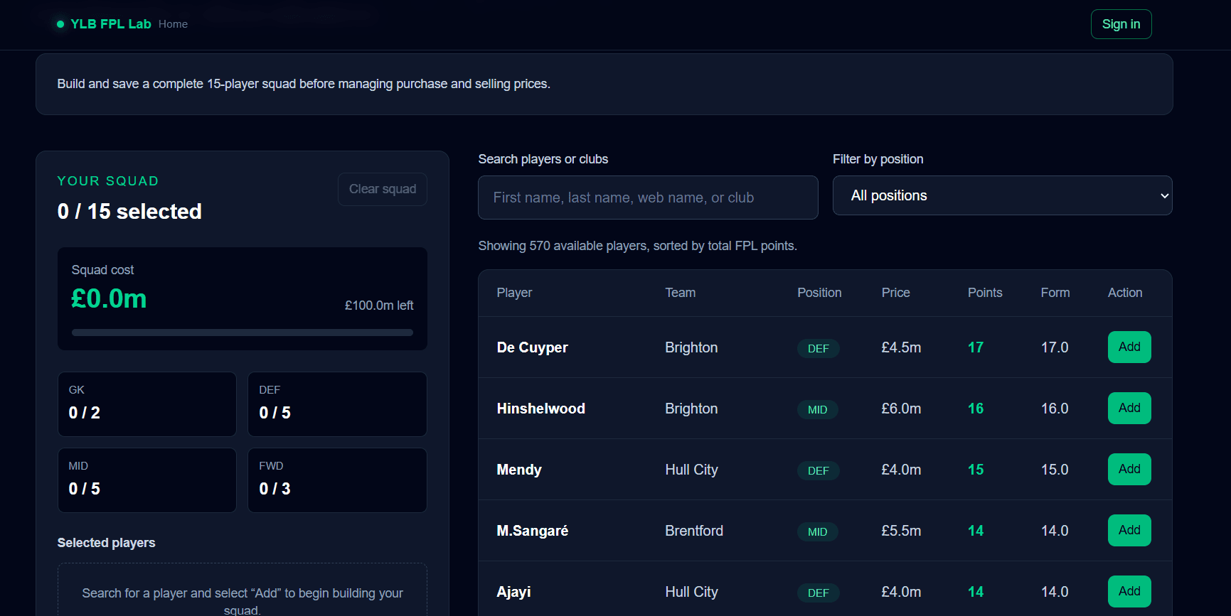 YLB FPL Lab squad builder with a 15-player Fantasy Premier League squad